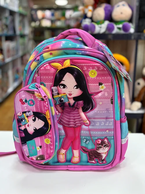 ست کوله پشتی سه تکه دخترانه طرح عکاس (کیف غذا + جامدادی) گلوسی